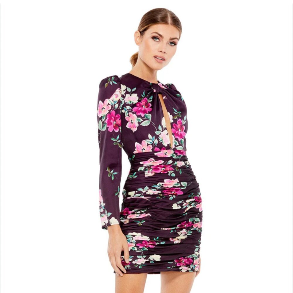 Mac Duggal Ieena 2635i Plum Floral Ruched Cocktail Dress – Size Small